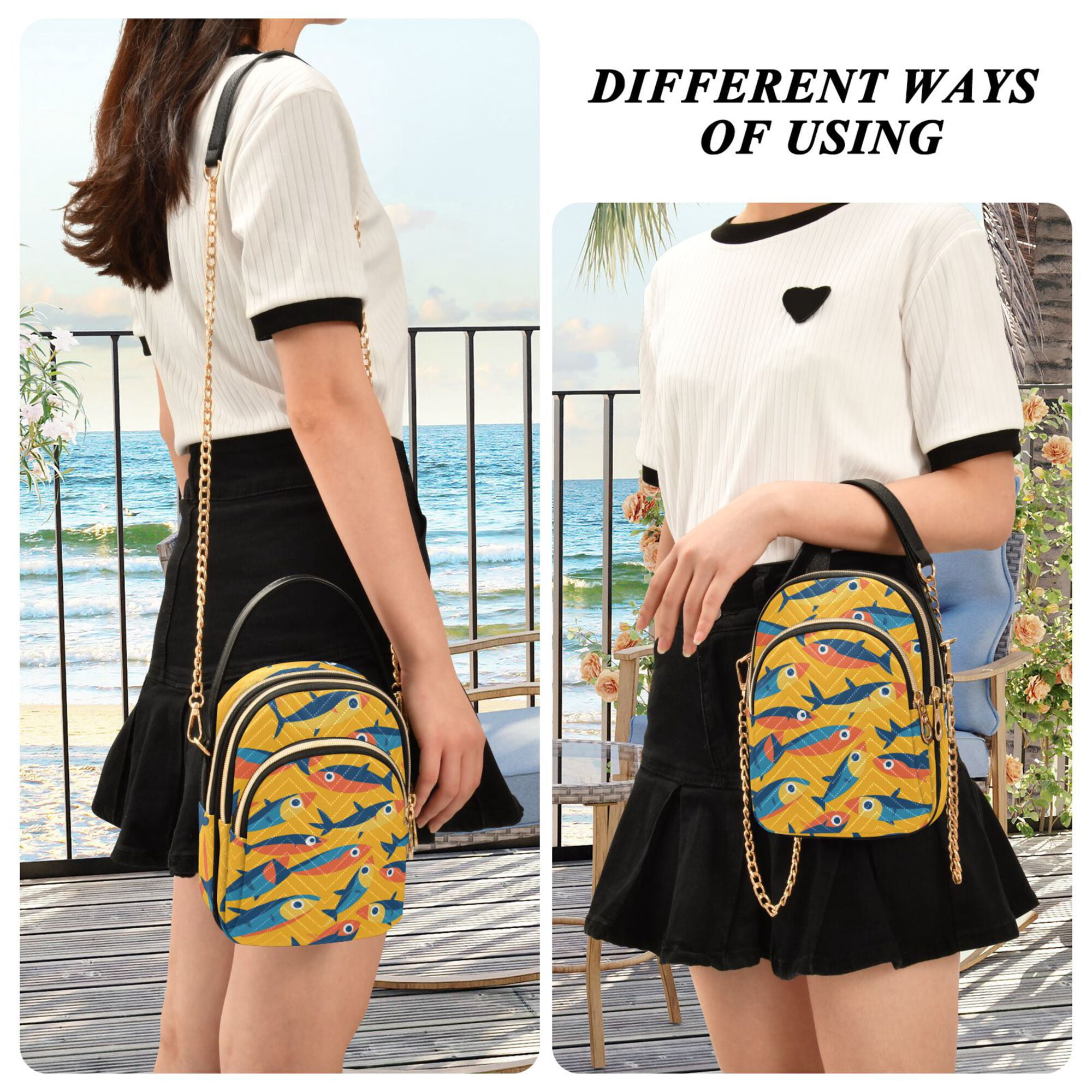FORMRS Crossbody Bag for Women Quilted Travel Shoulder Cell Phone Purse with Chain Strap Handbag, Yellow Sardines Pattern