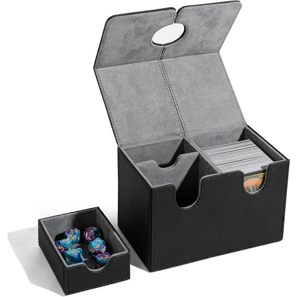 ERDS-Card Deck Box with Dice Tray for MTG Cards, 200+ Card Storage Box Fits for TCG CCG, PU Leather Strong Magnet Collectible Card Case (Black)