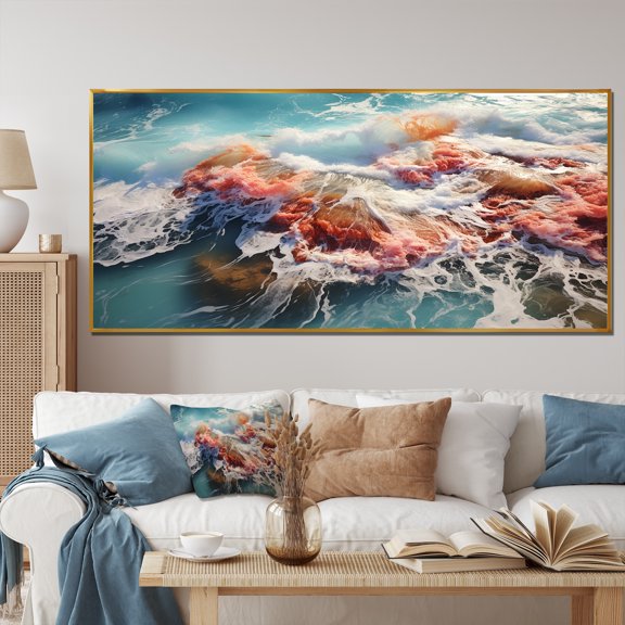 Designart "Aerial View of Coral Paradise by the Seaside" Oversized Coastal Framed Wall Art - Coastal Coral Coastal Beach Living Room Framed Canvas Art