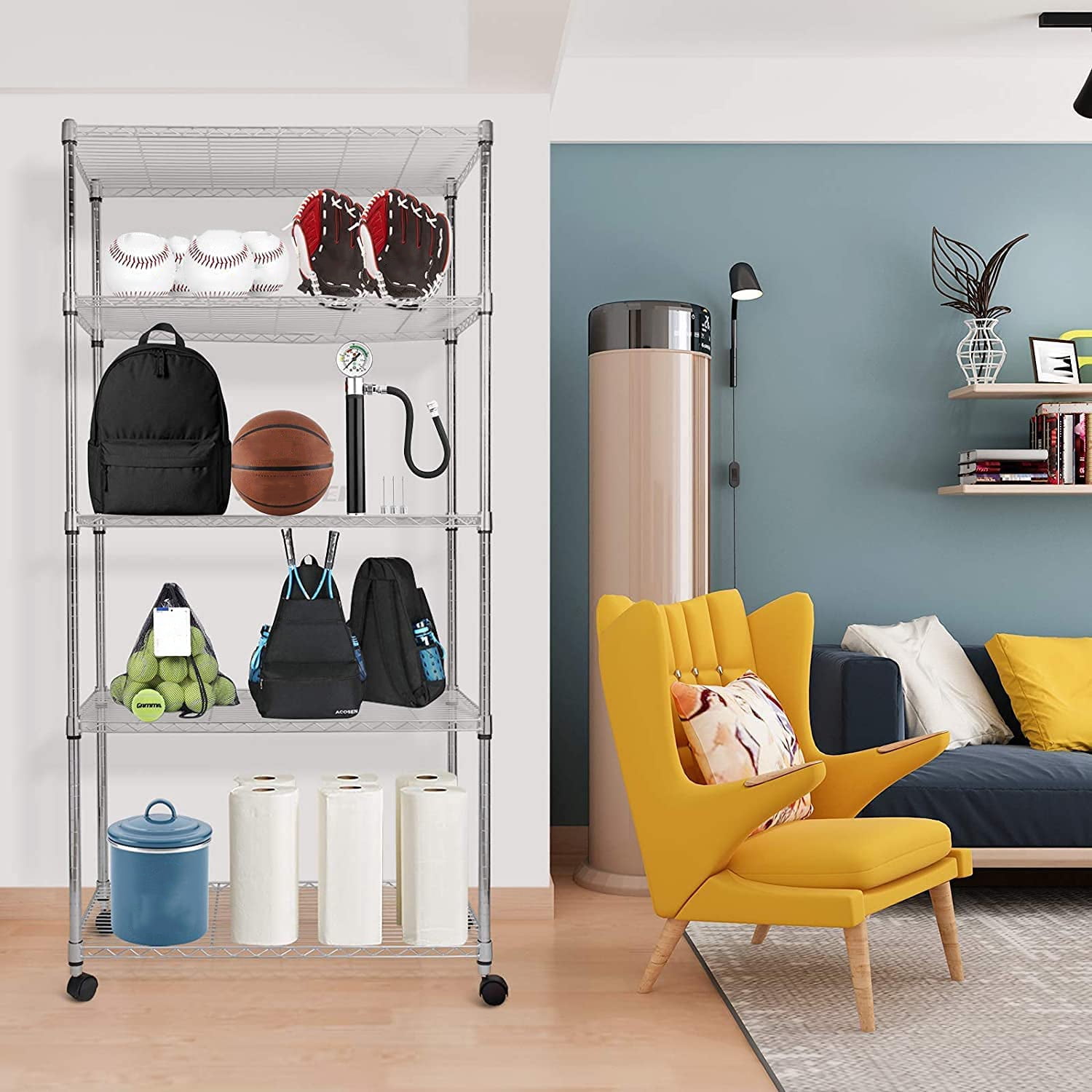 5-Shelf Shelving Shelves Unit with Wheels Steel Organizer,36"Wx14"Dx60"H,Silver