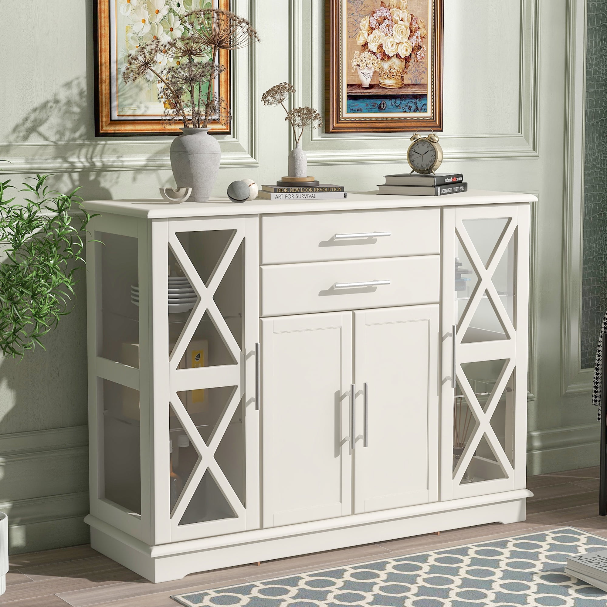 White Farmhouse Style Kitchen Sideboard Serving Buffet Storage