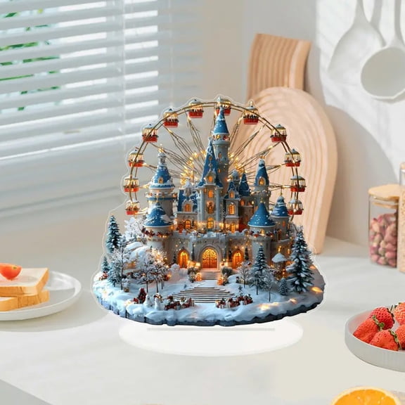 Christmas Acrylic Ferris Wheel Ornament – Desktop Holiday Decoration, Winter Castle Centerpiece, Tabletop Display for Home, Office, Party, Festive Xmas Decor