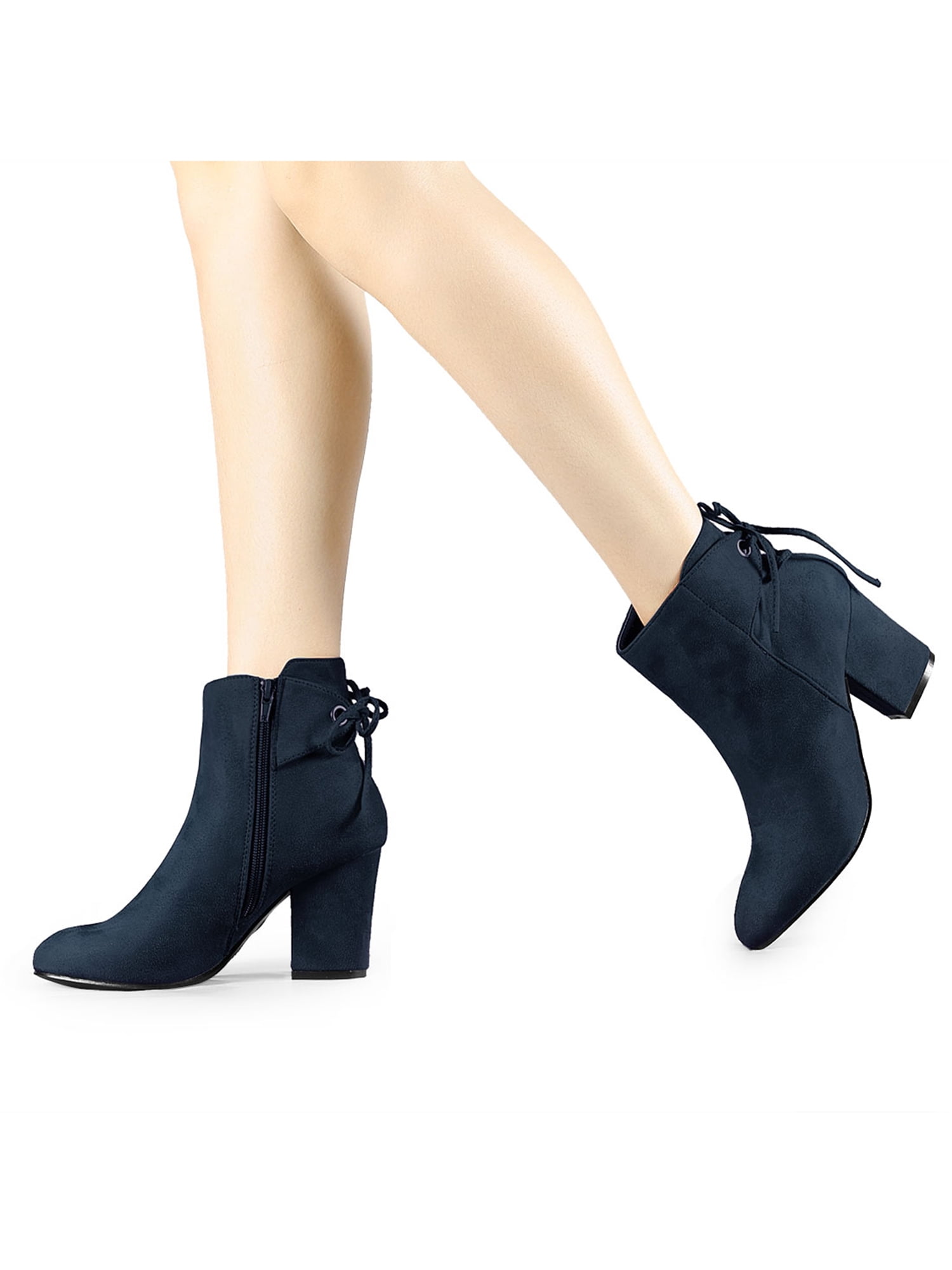 Unique Bargains Women's Round Toe Block Heel Back Zipper Ankle Boots Navy Blue 6