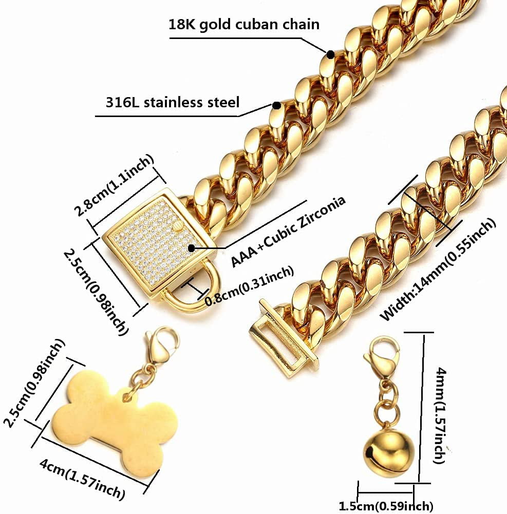 PRADOG Gold Chain Dog Collar Designer Dog Bling Cuban Link Collar with Zirconia Locking 19mm Luxury Dog Chain Necklace 20 Fits Neck 18 to 19.5 12 to 26in