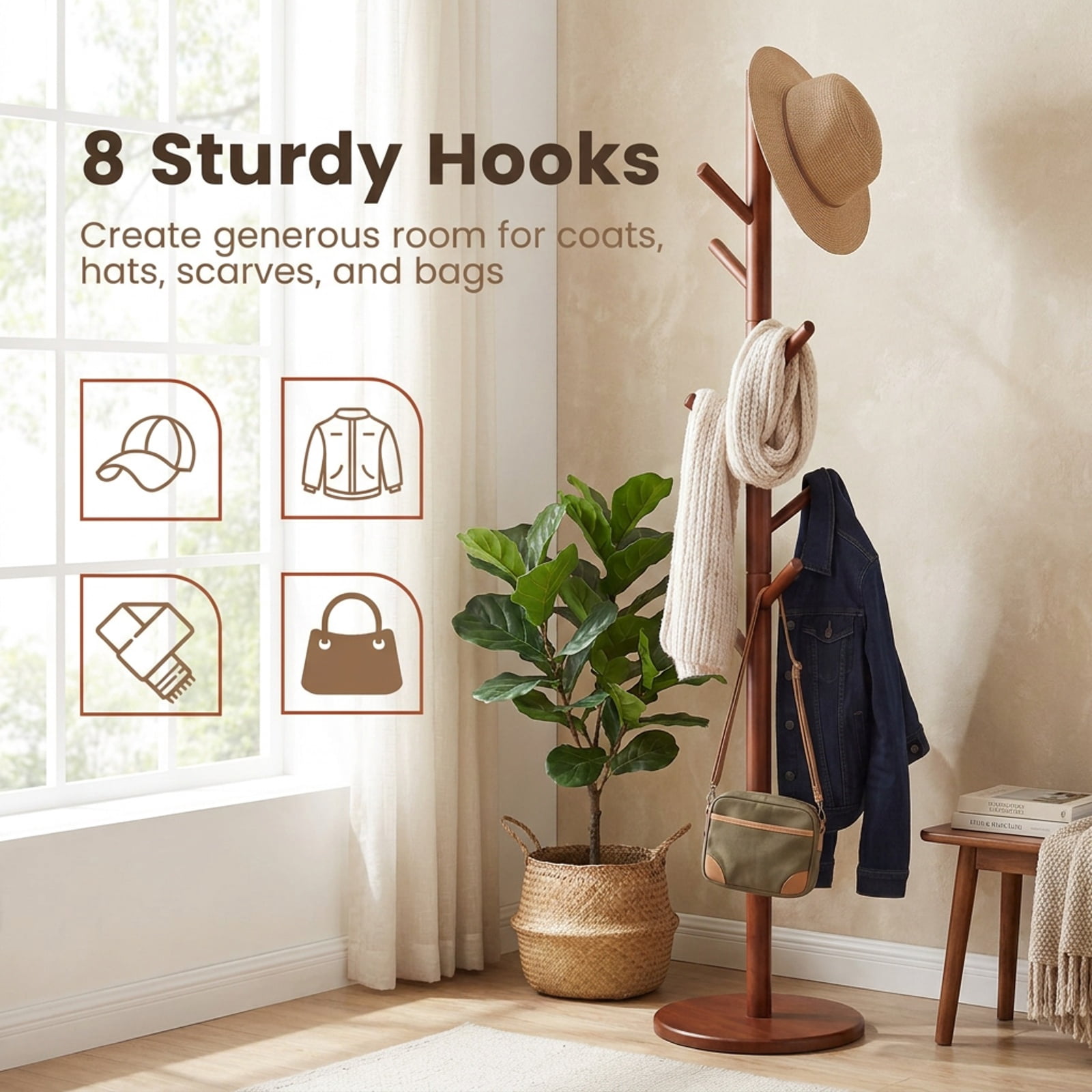 Furnibear 70 Inch Freestanding Coat and Hat Rack Stand with 8 Rubber Wood Hooks and 2 Storage Shelves for Entryway Bedroom Living Room, Walnut