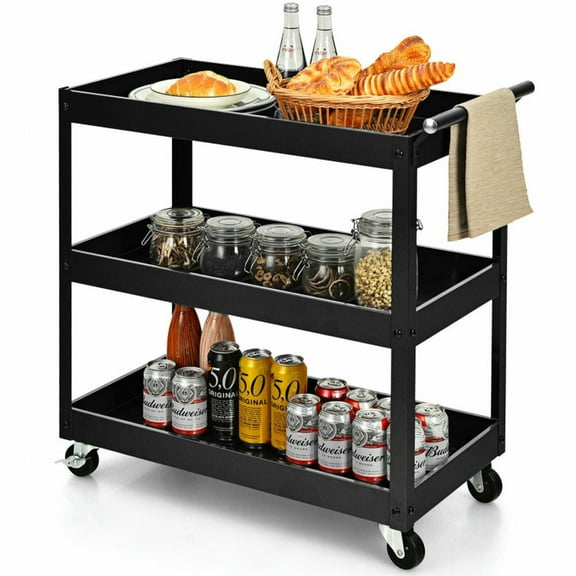 GVN Rolling Kitchen Table, Kitchen Island,3-Tier Utility Cart Metal Mental Storage Service Trolley-Black
