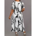 thumbnail image 2 of Black And White Plus Size Round Neck Short Sleeve All-Over Abstract Print Midi Casual Dress For Women Summer, 2 of 5