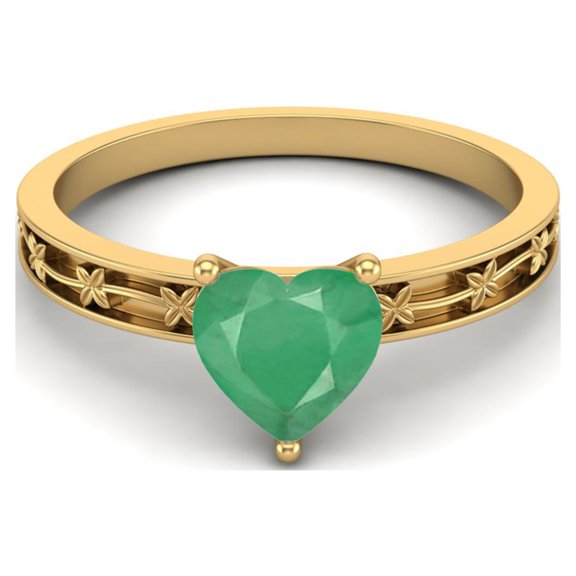 925 Sterling Silver Gold Vermeil 0.75 Cts Heart Shape Emerald Solitaire Flower Engraved Shank Women Valentines Day Gifts Ring