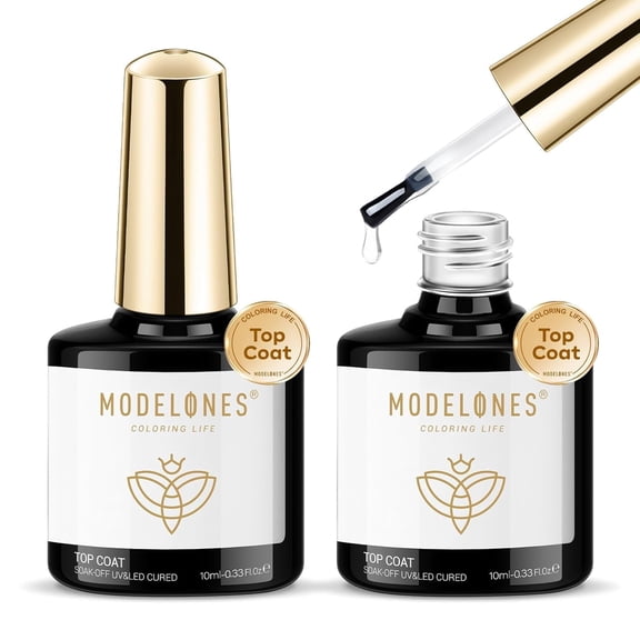 Modelones Gel Top Coat Set, 2pc Clear Glossy Finish, Long Lasting Top Coat for Gel Polish & Acrylic Nails, Includes Nail Lamp for Home & Professional Use