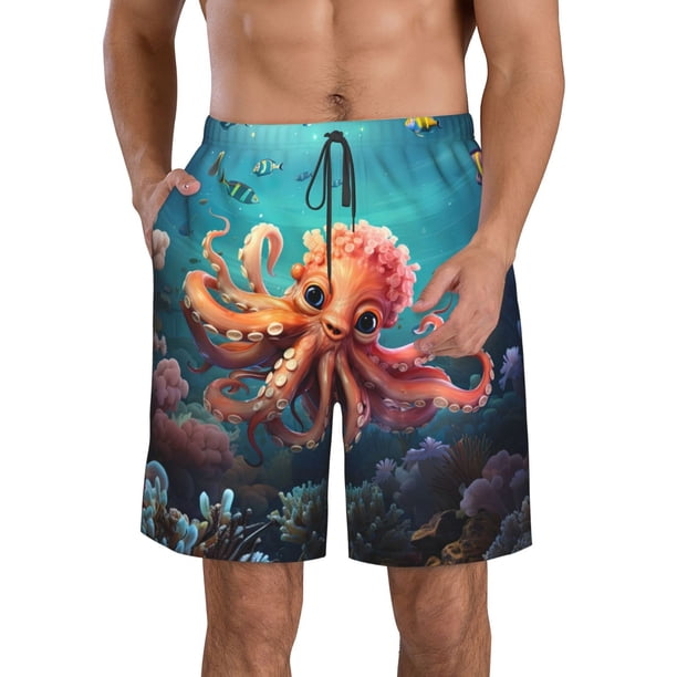 Balery Underwater Plant Octopus Traje de Baño Estilo Hawaiano para Hombre, Shorts de Secado Rápido con Bolsillos-Large