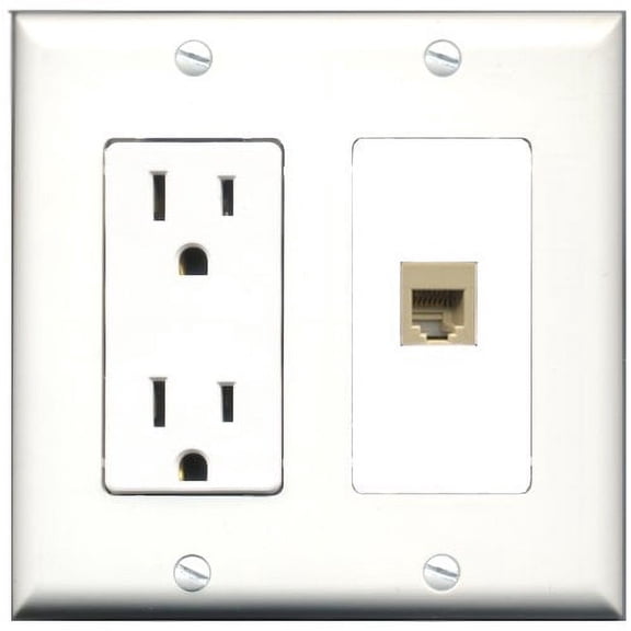 RiteAV - 15 Amp Power Outlet and 1 Port Phone RJ11 RJ12 Beige Decorative Type Wall Plate White