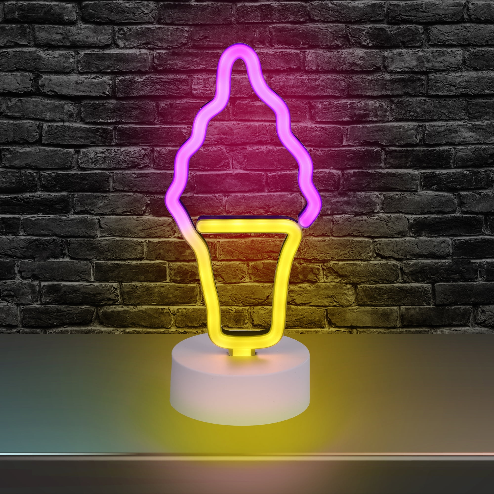 Xtreme Lit 10" Pink and Yellow Ice Cream Table Neon Lamp, 4 Hour Timer, Battery Powered 3 AA Batteries