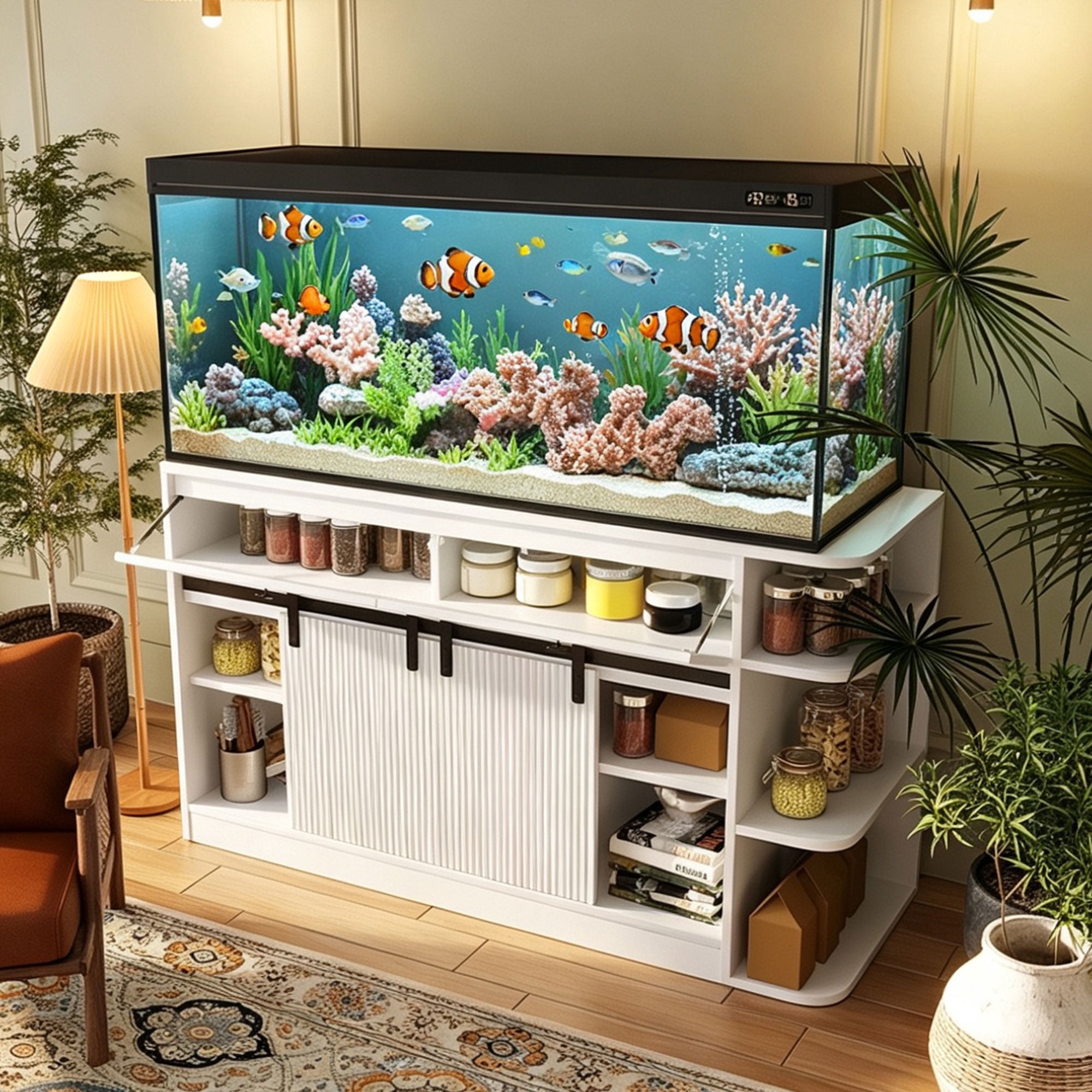 Mintazer 55-75 Gallon Fish Tank Stand with LED Light & Charging Station, 55" Aquarium Stand with Storage & Sliding Doors, Heavy Duty Tank Stand for 2 Fish Tank Terrarium, 1200lbs, White