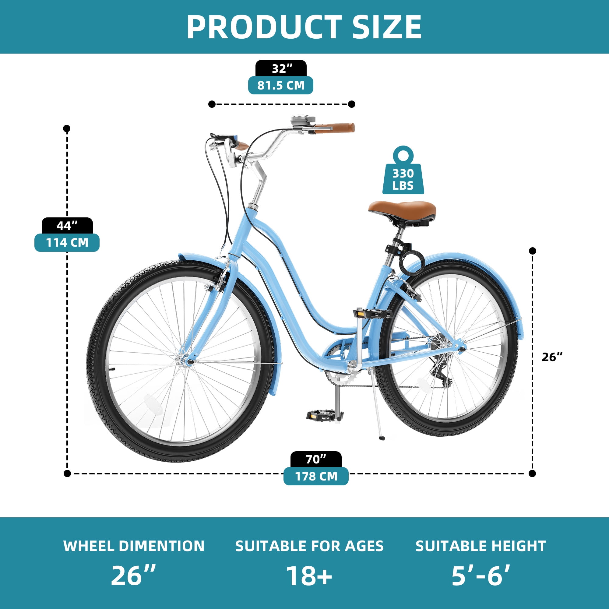 Uforic 26'' Beach Cruiser Bike with 7-Speed, Wide Tires, Adjustable Seat, Fenders, for Adult, Blue