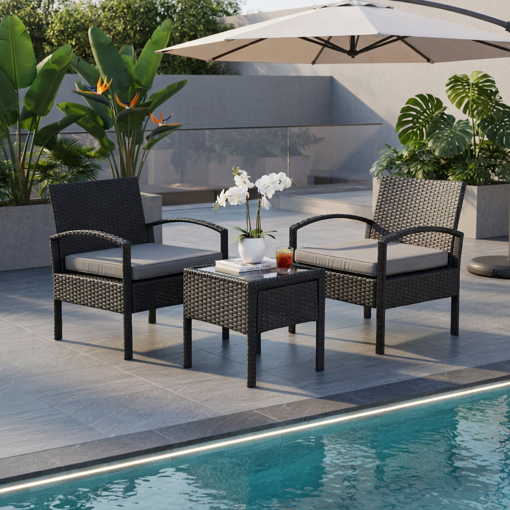 Hommoo 3-Piece Outdoor Rattan Patio Conversation Set, PE Wicker Chairs & Tempered Glass Coffee Table for Backyard, Balcony, Poolside, Gray