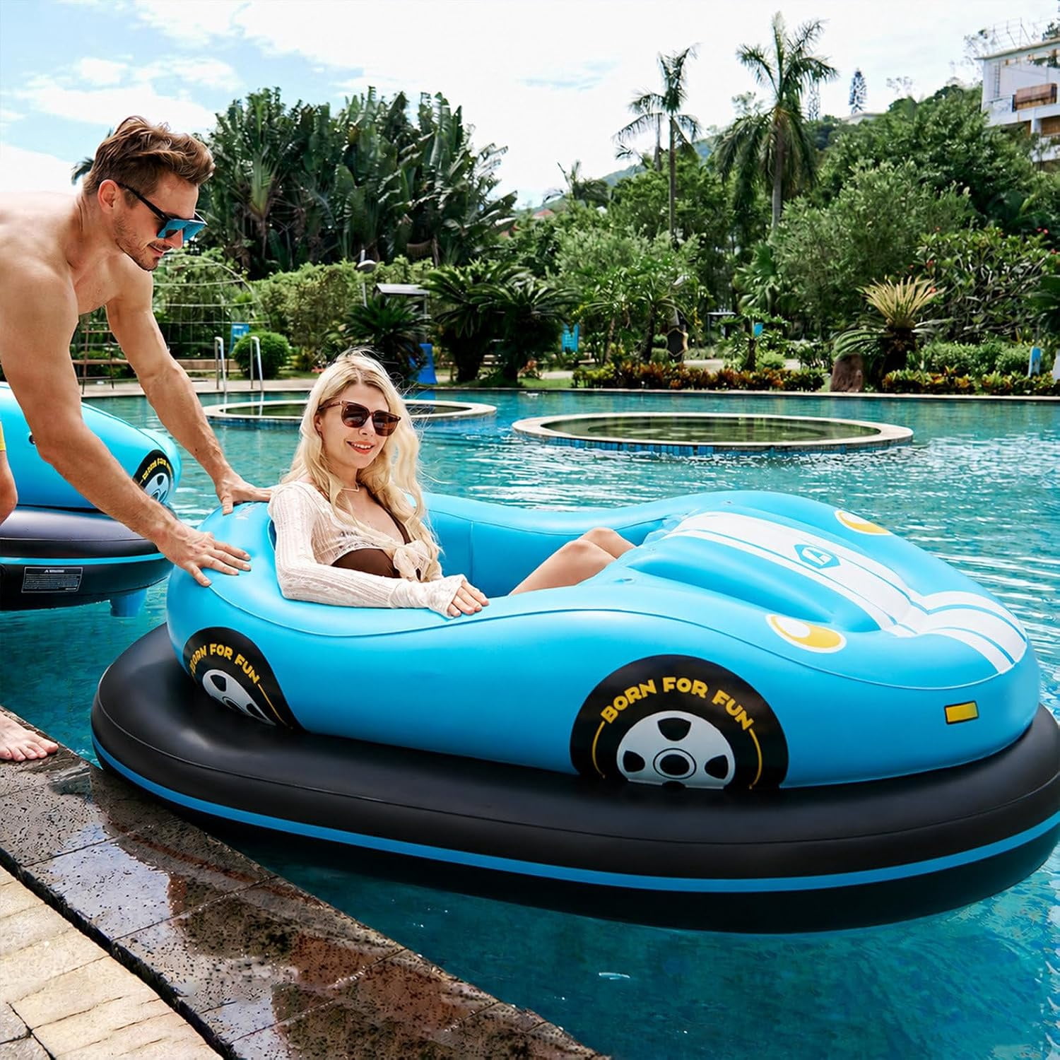 Inflatable Car Boat - Motorized Bumper Boats for Pool, Motorized Pool Lounger for Adults,Spin & Turn,Wide Stable Base,Cordless Air Pump Included (Red)