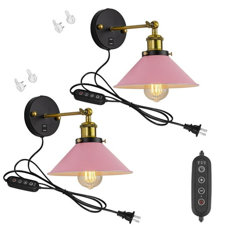 

FSLiving Macaron Pink Metal Wall Sconce with USB Outlet Dimmable and Adjustable Angle Wall Lamp Lighting Fixture with 5.9ft Plug in Cord Small Nightstand Light for Dresser Bedroom - 2 Pack