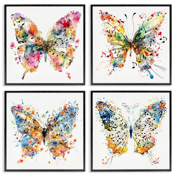 Stupell Industries Butterflies with Music Notes Insects Painting Black Framed Art Print Wall Art, 12 x 12, Set of 4