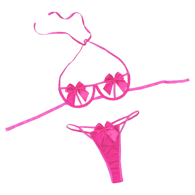 Cupless Halter Neck Lace Bra Crotchless Panty Satin Bow Lingerie Set Adult  Women