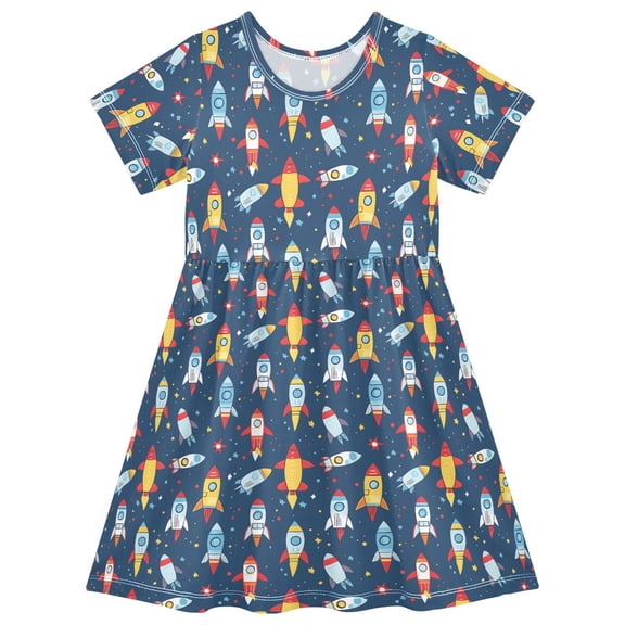 joogoo Cartoon Rockets Ships Girls' Short Sleeve Dress Kids Dresses 5-6T