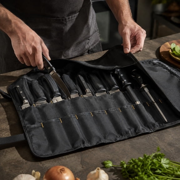 Knife Roll Bag Fabric Knife Storage Pouch Multi Pockets, Oxford Cloth Cutlery Organizer Case for Kitchen Knives Camping Travel, Black