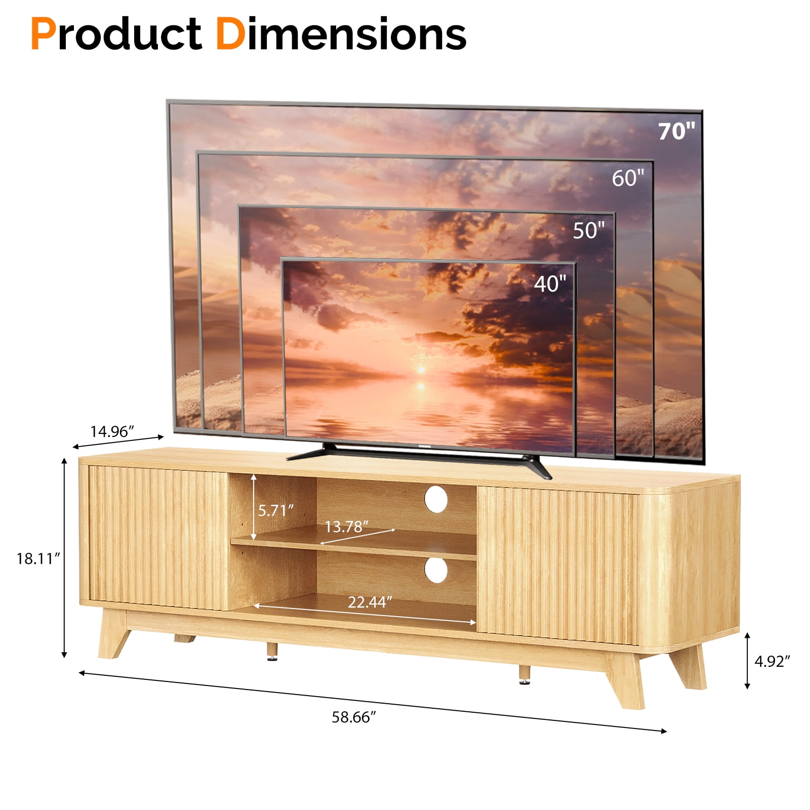 Ktaxon Modern TV Stand for 55/60/65 Inches TVs, 58" Television Media Console Wood Entertainment Center with 2 Fluted Doors & Adjustable Shelves for Living Room, Bedroom, Home, Light Walnut