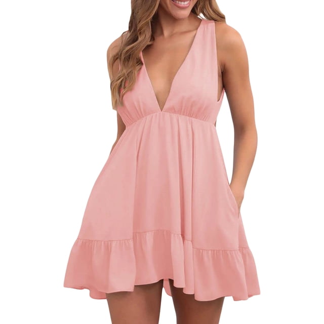 Mini vestido de verano para mujer de Lucakuins, vestido corto sin mangas con escote en V profundo informal a la moda para vacaciones en la playa Lucakuins moda