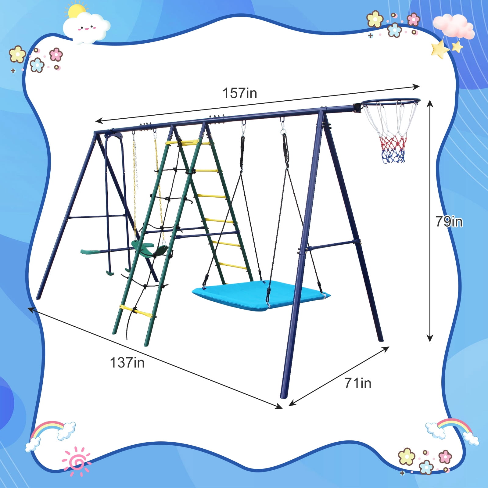 Hommoo 6 in 1 Swing Set With Climbing Ladder, Climbing Net, Glider, Hammock Swing, Belt Swing, Basketball hoop for Backyard, Multicolor
