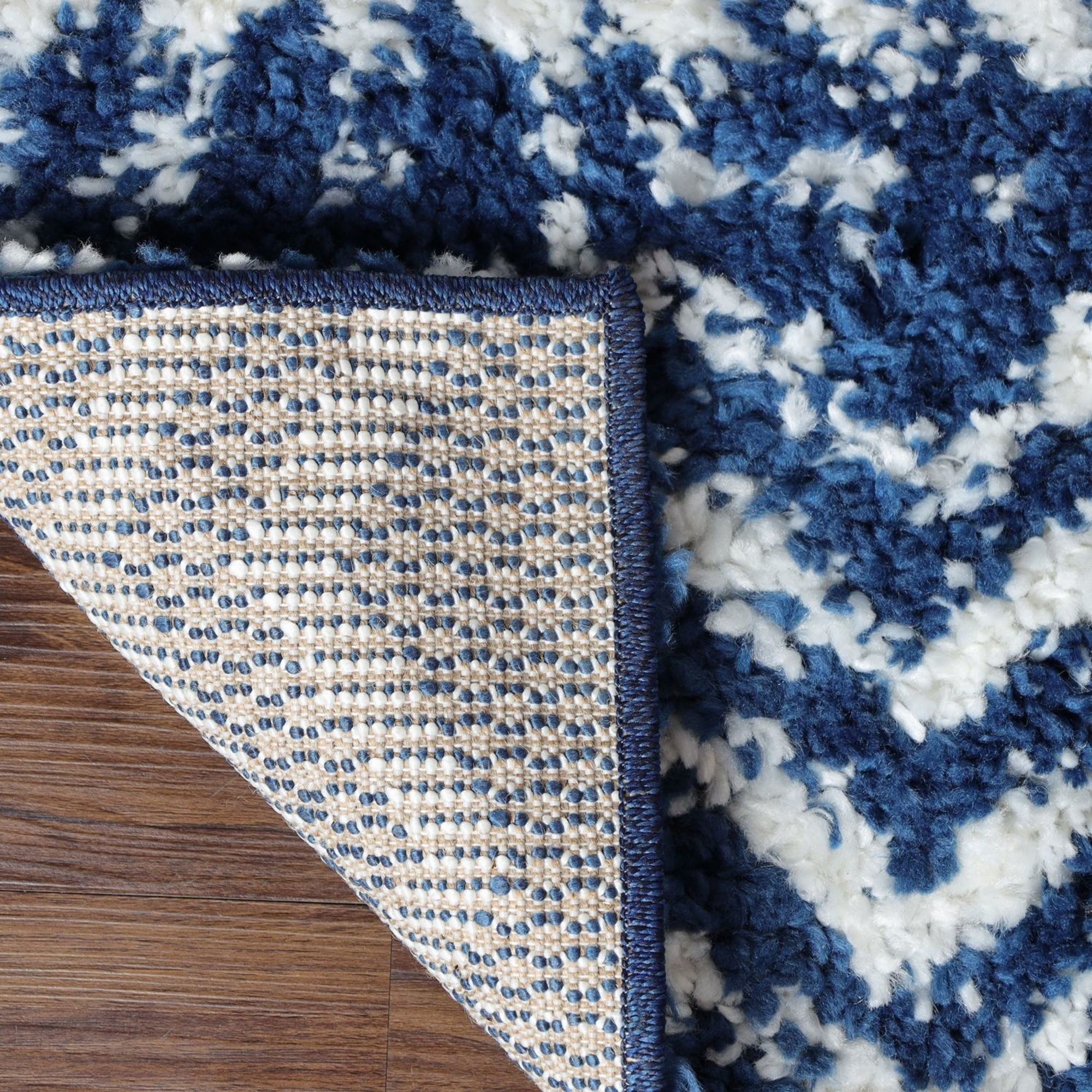 Boho Geometric Plush Shag Indoor Area Rug, Cream/Blue, 4' x 6'