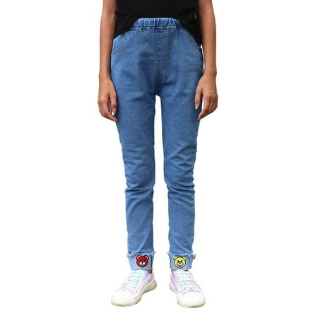 

SYNPOS 3-13 Years Little Girl Embroidered Roll Hem Jeans Big Girls Blue Casual Skinny jeans