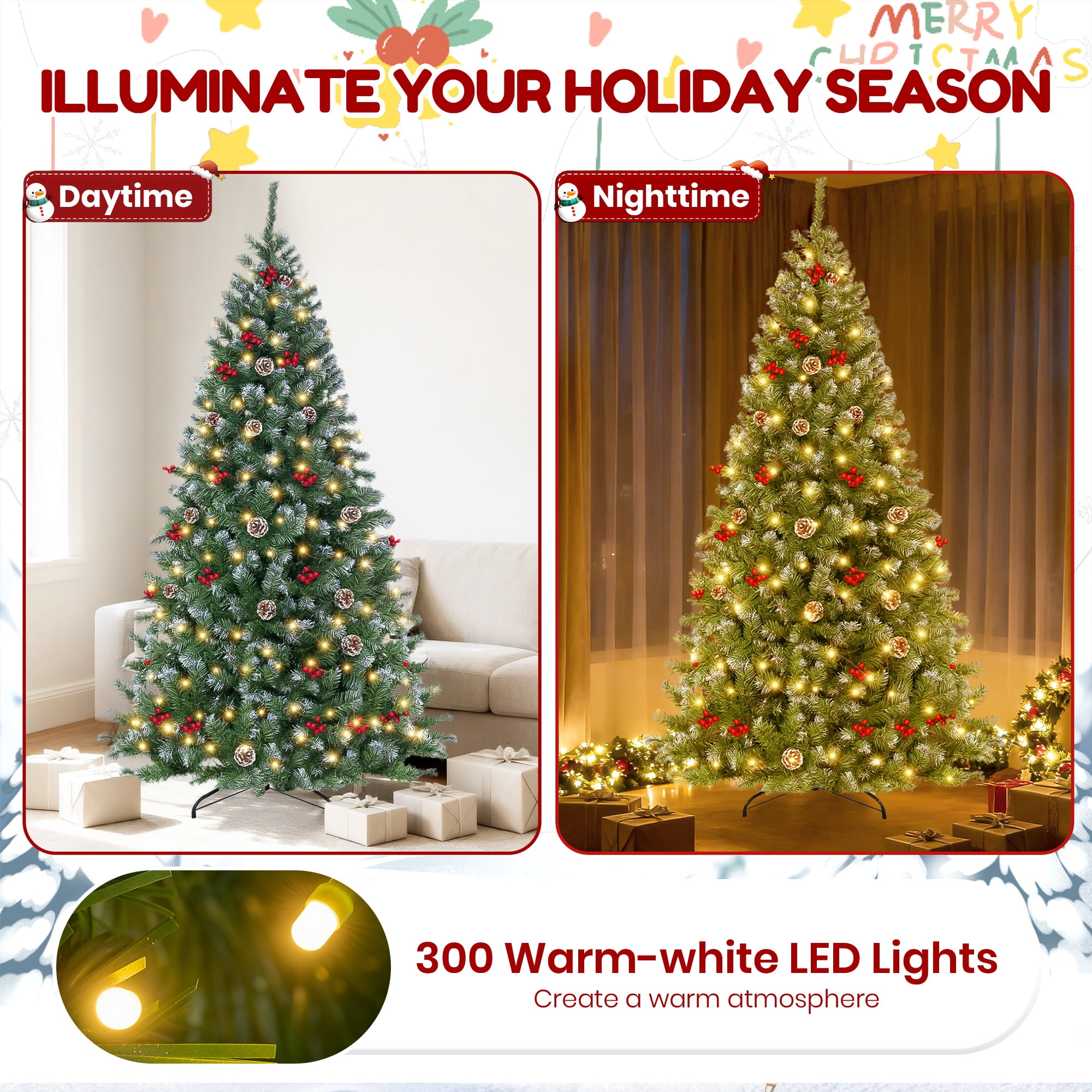 GVDV 6FT Pre-Lit Berry Christmas Tree, Artificial Snowflake Christmas Tree with 300LED Warm White Lights, Pine Cones & Top Star, Xmas Holiday Decor, Metal Hinges Easy Assembly