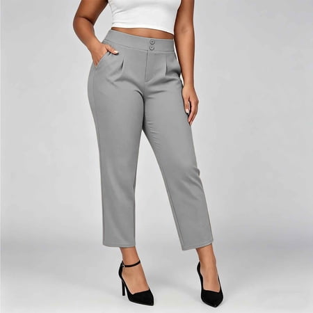 ClodeEU Women s High Waist Cropped Straight Leg Pants Casual Business Work Trousers with Pockets Gray Women s Plus S