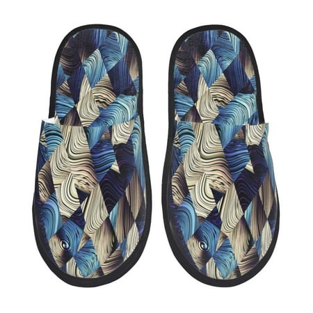 Balery Abstract Blue Squares Slient Indoor Furry Fleece Comfort House Shoes Soft Non-Slip Home Shoes Cotton slippers House Slippers-- Medium