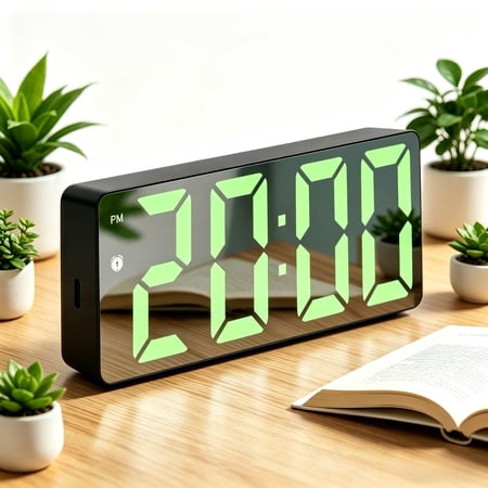 Digital Alarm Clock with Large LED Display, Mirror Surface Electric Desk Clock with Snooze and 12/24H, Modern Bedside Clock for Bedroom