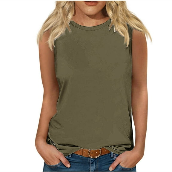 Womens Workout Tank Tops New Women's Casual Solid Sleeveless Round Neck Tops Blouse Trendy Sleeveless Tops for Women 2025 Army Green L