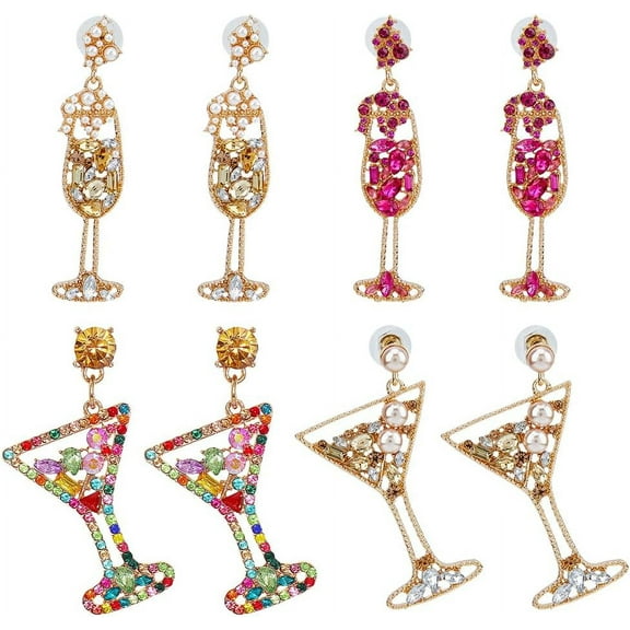 4 Styles Rhinestone Champagne Bottle Stud Earrings Long Martini Wine Glass Dangle Earrings Lovely Cocktail Earrings Novelty Fashion Alcohol Earrings for Wedding Festival Gifts