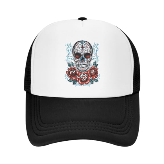 Floral Skull Unisex Trucker Hats for Men Women Adjustable Casual Baseball Caps for Outdoor Activities Dad Cap