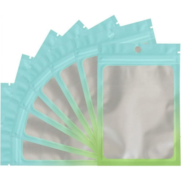 100-pack mylar bags, resealable bags for small business with front window, gradient color smell proof bags, ziploc sealable reusable pouch jewelry bracelet candy (4.7x7.1 inch, blue green)