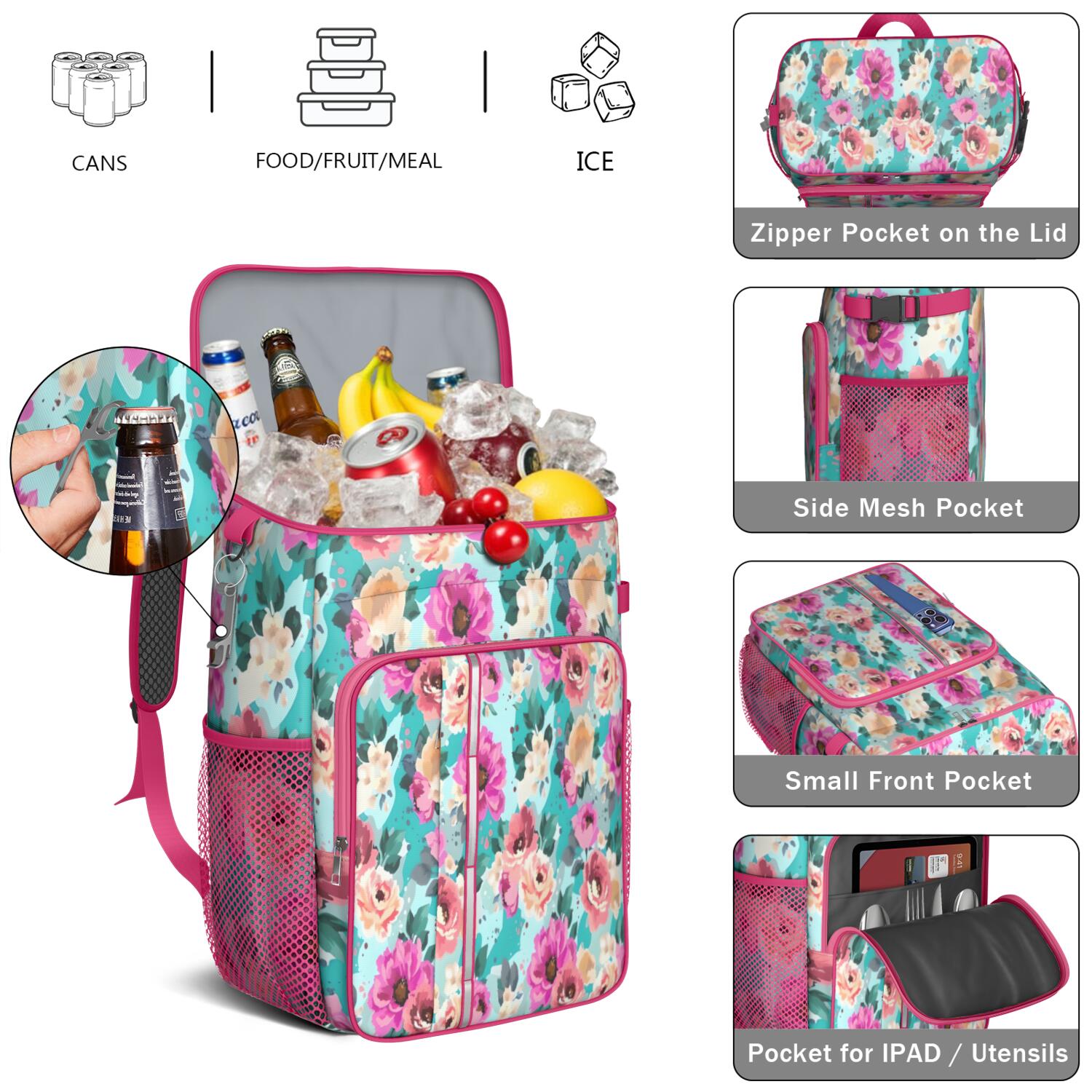 Travel Cooler Bag - Pioneer Flower Floral Print Pattern Camping Beer Cooler Backpack with Bottle Opener- Waterproof Insulated Picnic Backpacks - Cooler Bag for Beach