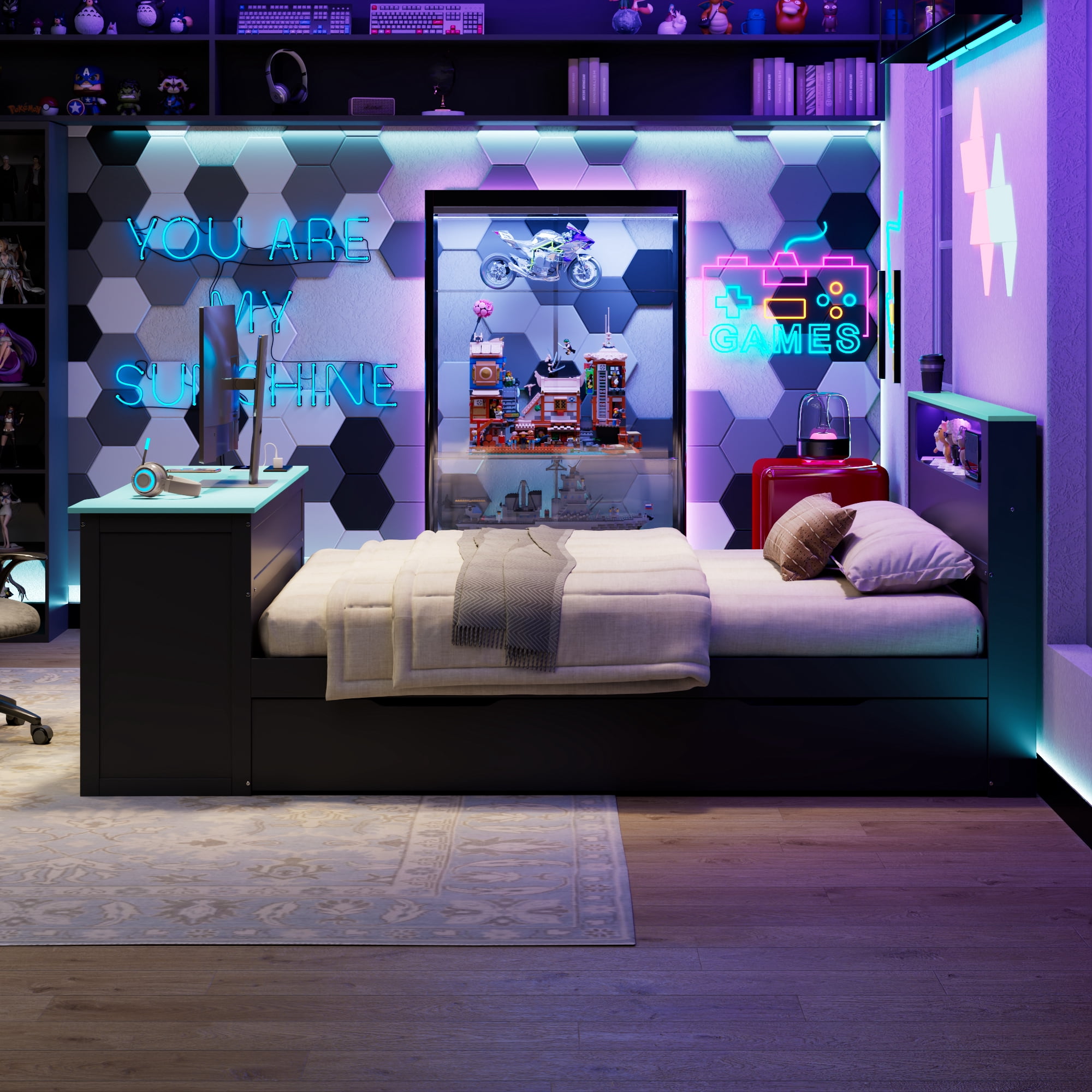 Mintazer Full Gaming Bed with Charge Station & Lights, Daybed with Desk & Trundle for Home Office, Black & Blue