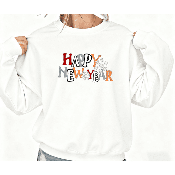 Women Happy New Year Theme Colorful Snowflake Graphic Beautiful Tee T Shirt Tops Round-neck long-sleeved White S-3XL