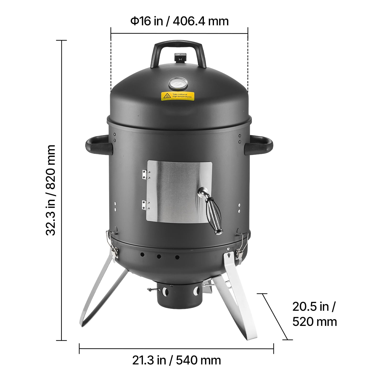 KFFKFF 16" Vertical Charcoal BBQ Grill, Coated Steel Smoker with Dual Grates, Built-in Thermometer, Adjustable Air Vents, and Removable Ash Tray, Perfect for Outdoor Cooking and Gatherings