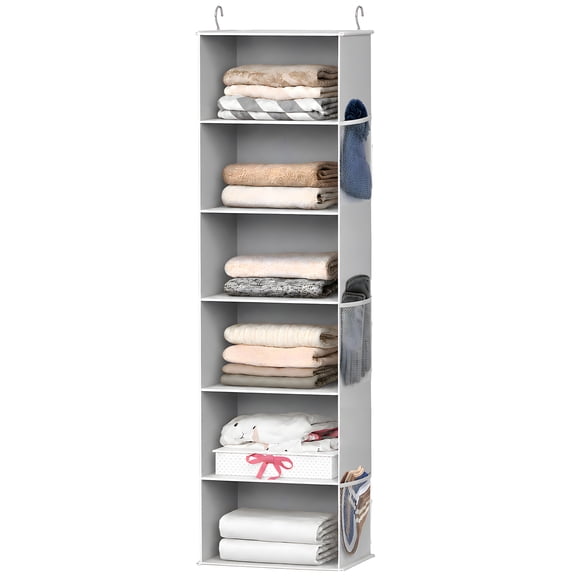 Aokeyee Hanging Closet Organizer,6 Shelf Hanging Storage Shelves with 3 Side Pockets for Clothes, Shoes, and Accessories, Closet Organizers and Storage,Gray,1 Pack