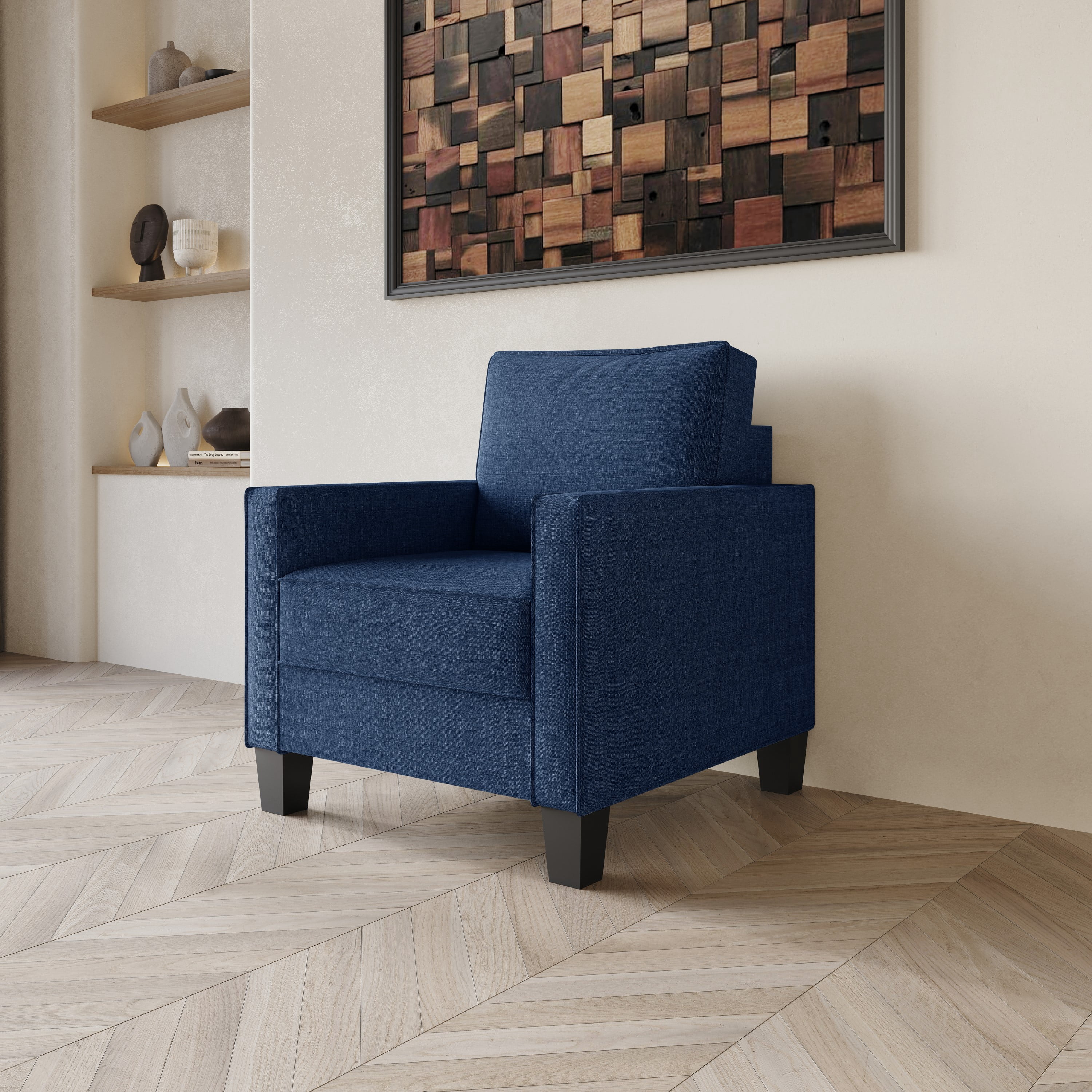 Home Design Marcia 3-Piece Square Arm Living Room Set with Armchair, Loveseat, and Sofa, Modern Upholstery and Black Legs, Blue