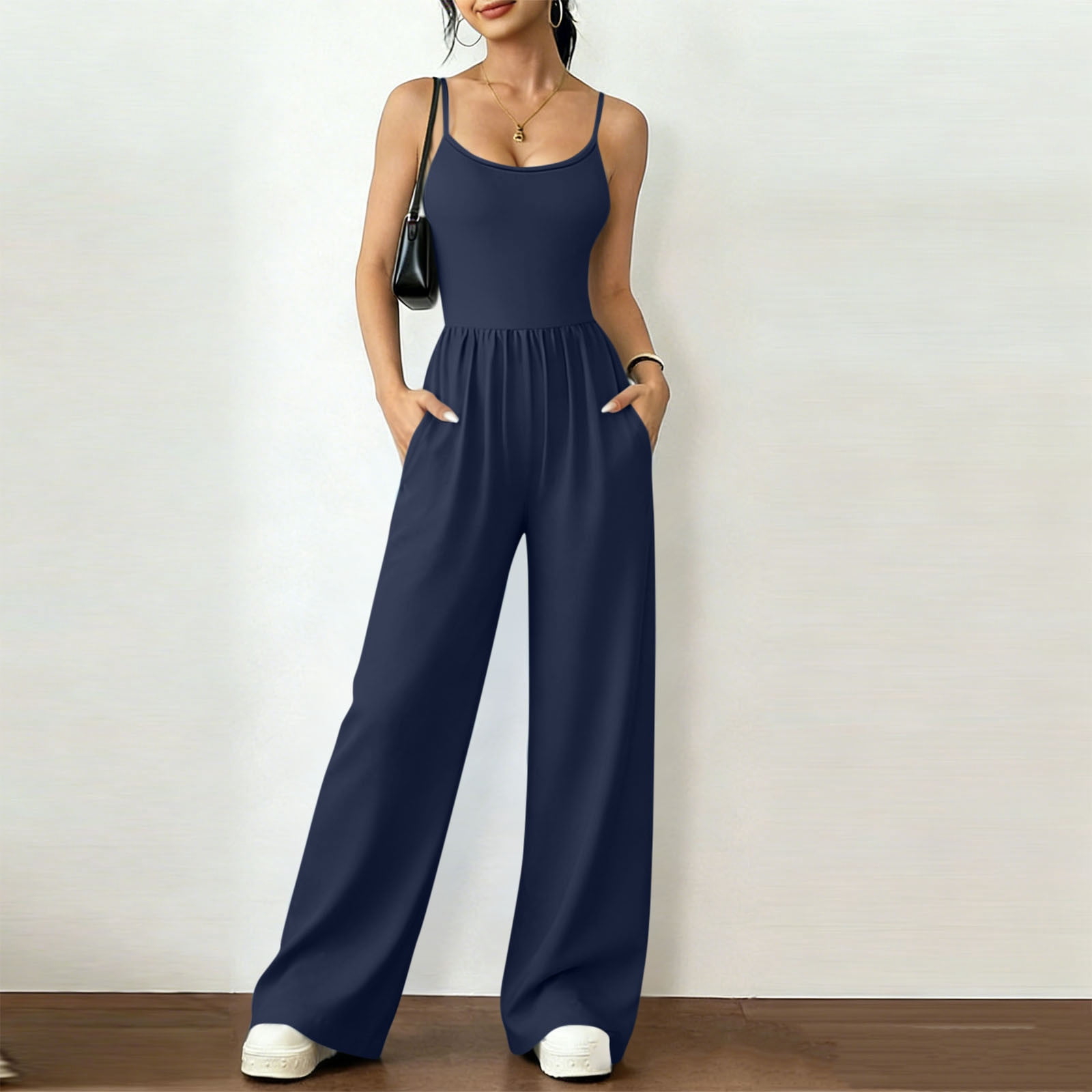 Dazajoo Women's Sleeveless Wide Leg Jumpsuits Spaghetti Strap Scoop Neck Rompers with Pockets Summer Casual Long Overalls,Blue,S