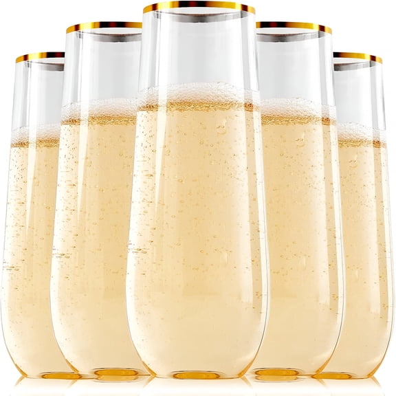 BPPEG 12 Pack 9 Oz Plastic Stemless Gold Rim Champagne Flutes,Heavy Duty,Shatterproof,Disposable & Reusable Crystal Clear Toasting Glasses Stemless Champagne Flutes