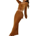 thumbnail image 4 of Women Two Piece Knit Skirt Set Long Sleeve Crochet Crop Tops Hollow Out Shirt High Waist Long Skirts Outfits, 4 of 8