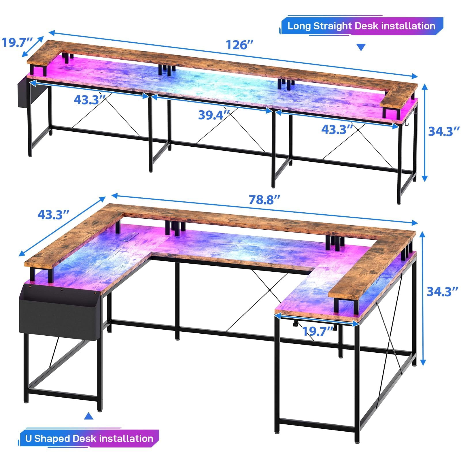 Luku U Shaped Home Office Desk, Reversible L Shaped Gaming Computer Desk with Power Outlets,126 Inch Computer Desk with Monitor Stand and LED Lights,Storage Shelves,Storage Bag and Hooks