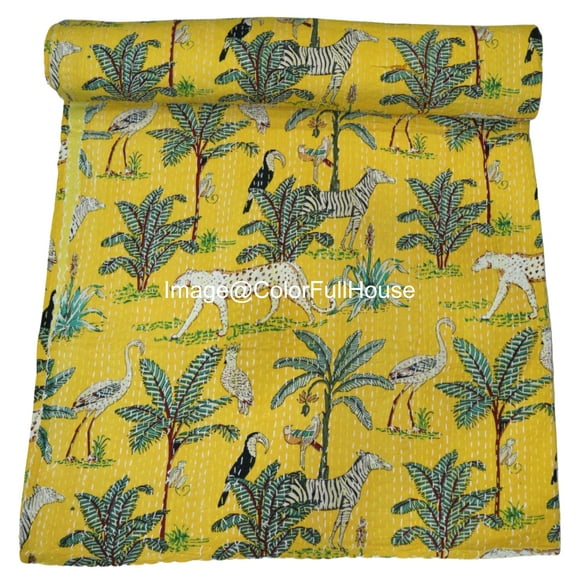 Indian Handmade Animal Print Cotton kantha Quilt, Village art gudri,Hand Stitch Quilt,Bedspread, Blanket Size ( King 108" x 108" )