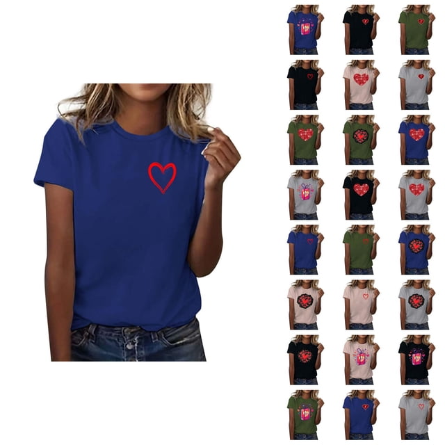 T-shirts de la Saint-Valentin pour Femmes 2026 Mode Manches Courtes Col Rond Cœur Graphique